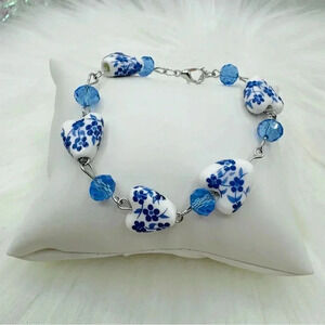 Blue & White Porcelain Heart Bead Bracelet